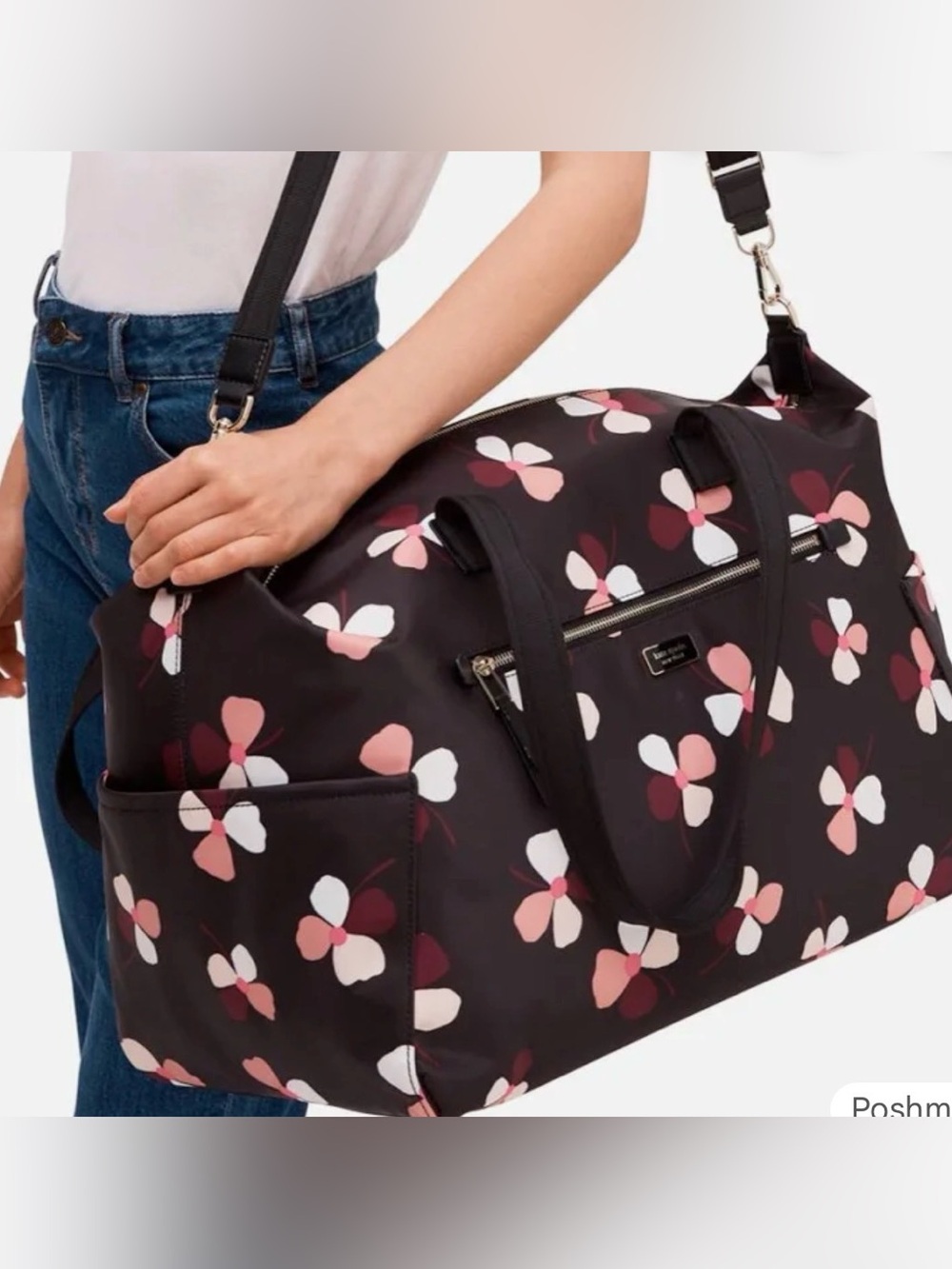 Kate Spade Dawn Dusk Buds Weekender Bag in black with pink floral - Picture 2 of 10